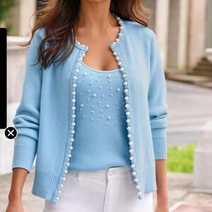 Boston Proper 2 Pc Set Blue Pearl-Trimmed Embellished Cardigan And Top Small